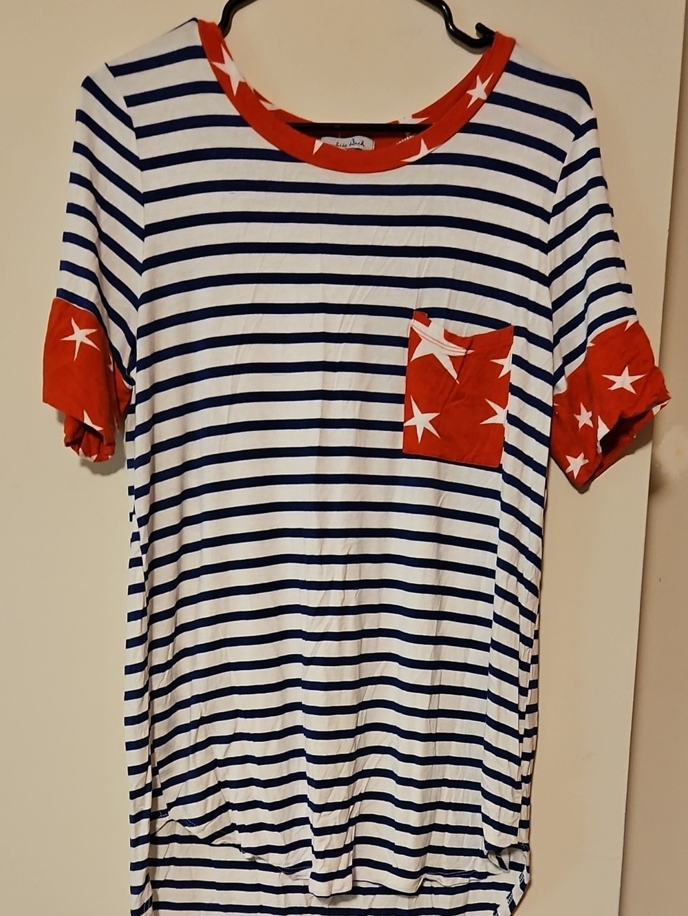 white birch Navy and White Striped Short Sleeve Tee with Red Star Accents